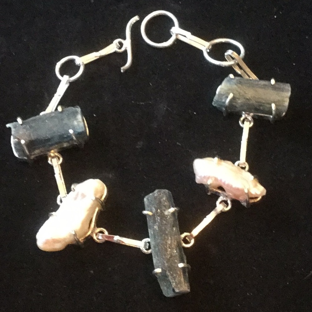Unique Genuine Kyanite & Natural Pearls Bracelet